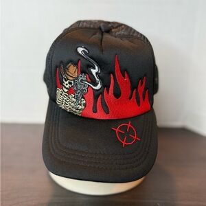 Black Trucker Hat with Red Flames and Skeleton Design